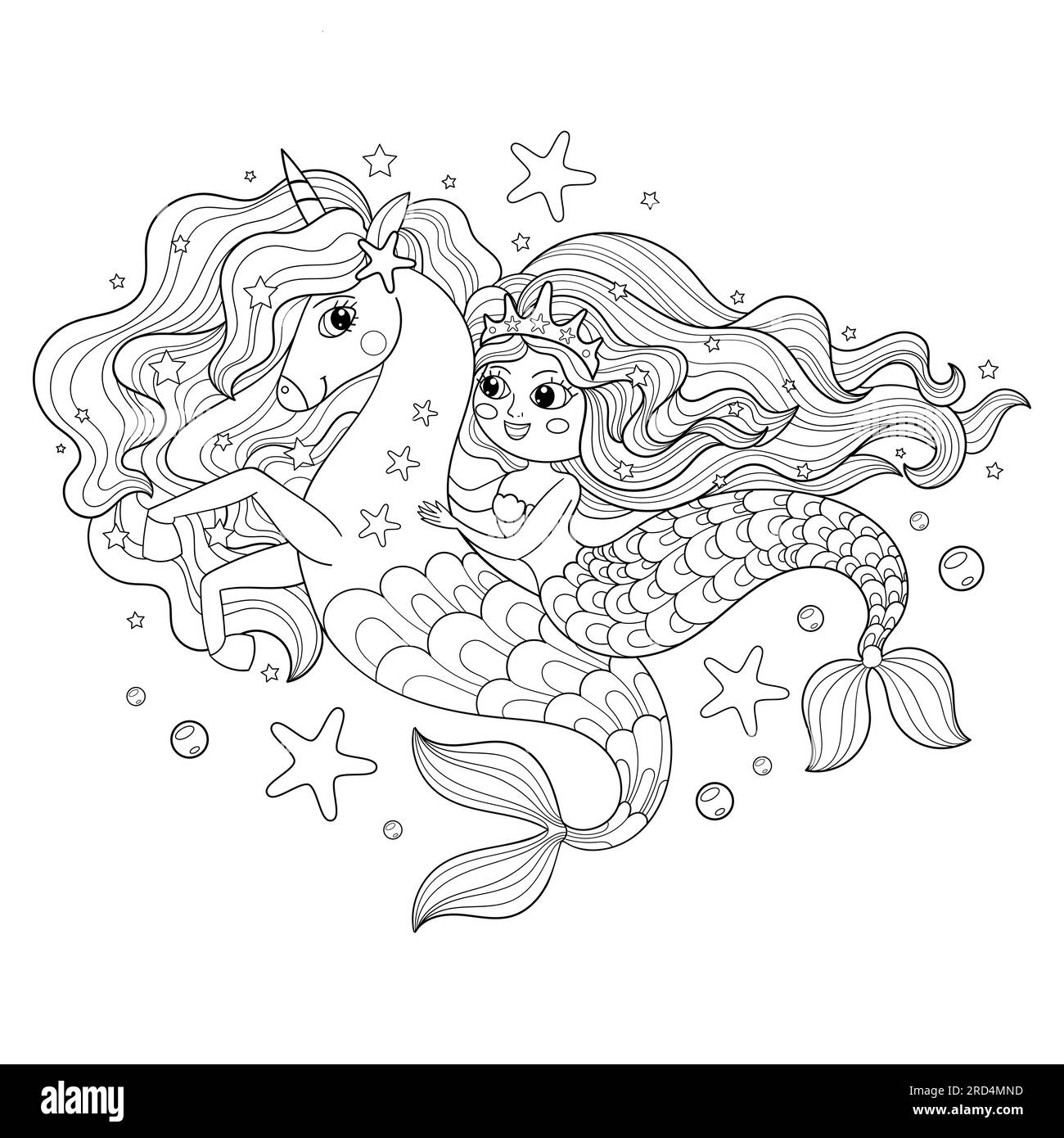 Mermaid riding a seahorse unicorn. Black and white linear drawing. The theme of the sea and magic. For children's coloring books design. prints, poste Stock Vector