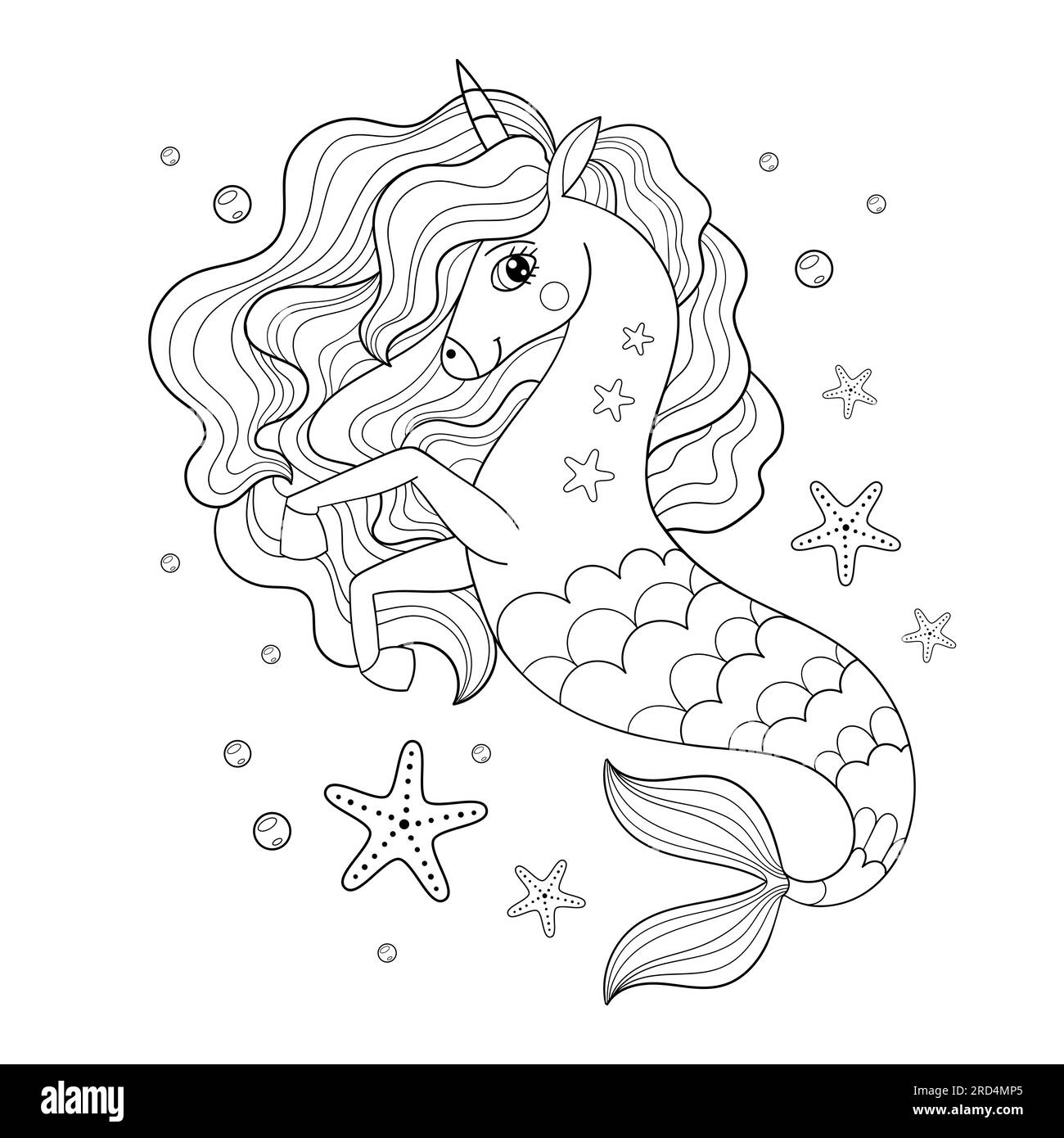 Seahorse unicorn with long mane and starfish. Black and white linear drawing. For children's design of coloring books, prints, posters, cards, sticker Stock Vector