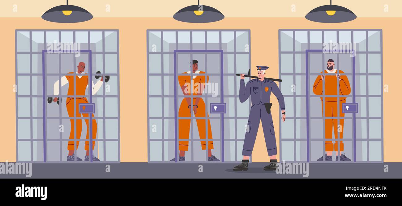 Prison detention cells. Detour of prisoners. Guard checks convicted criminals. People in jumpsuits behind bars. Serving term. Jailhouse cage Stock Vector