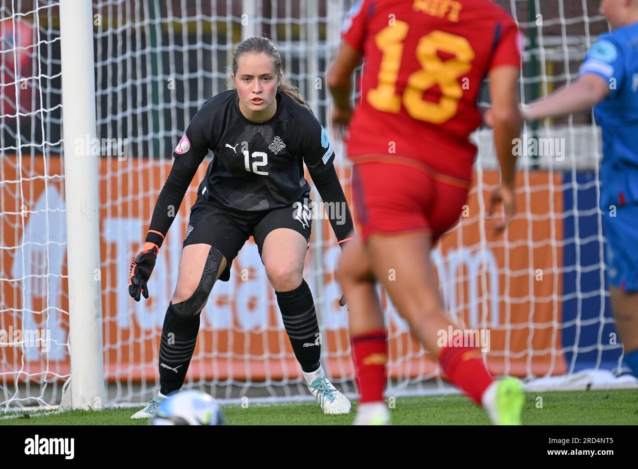 Tubize, Belgium. 18th July, 2023. goalkeeper Fanney Inga Birkisdottir (12) of Iceland pictured in action during a female soccer game between the national women under 19 teams of Iceland and Spain at the UEFA Women's Under-19 EURO Final Tournament on the first matchday in Group B on Tuesday 18 July 2023 in Tubize, Belgium . Credit: sportpix/Alamy Live News Stock Photo
