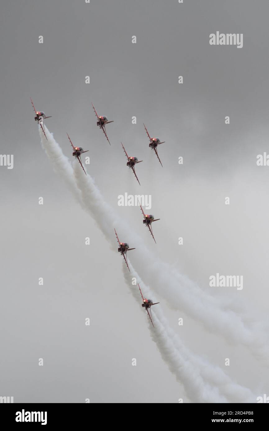 Royal International Air Tattoo, RAF Fairford, 16 July 2023.  The Red Arrows display for the crowds. Stock Photo