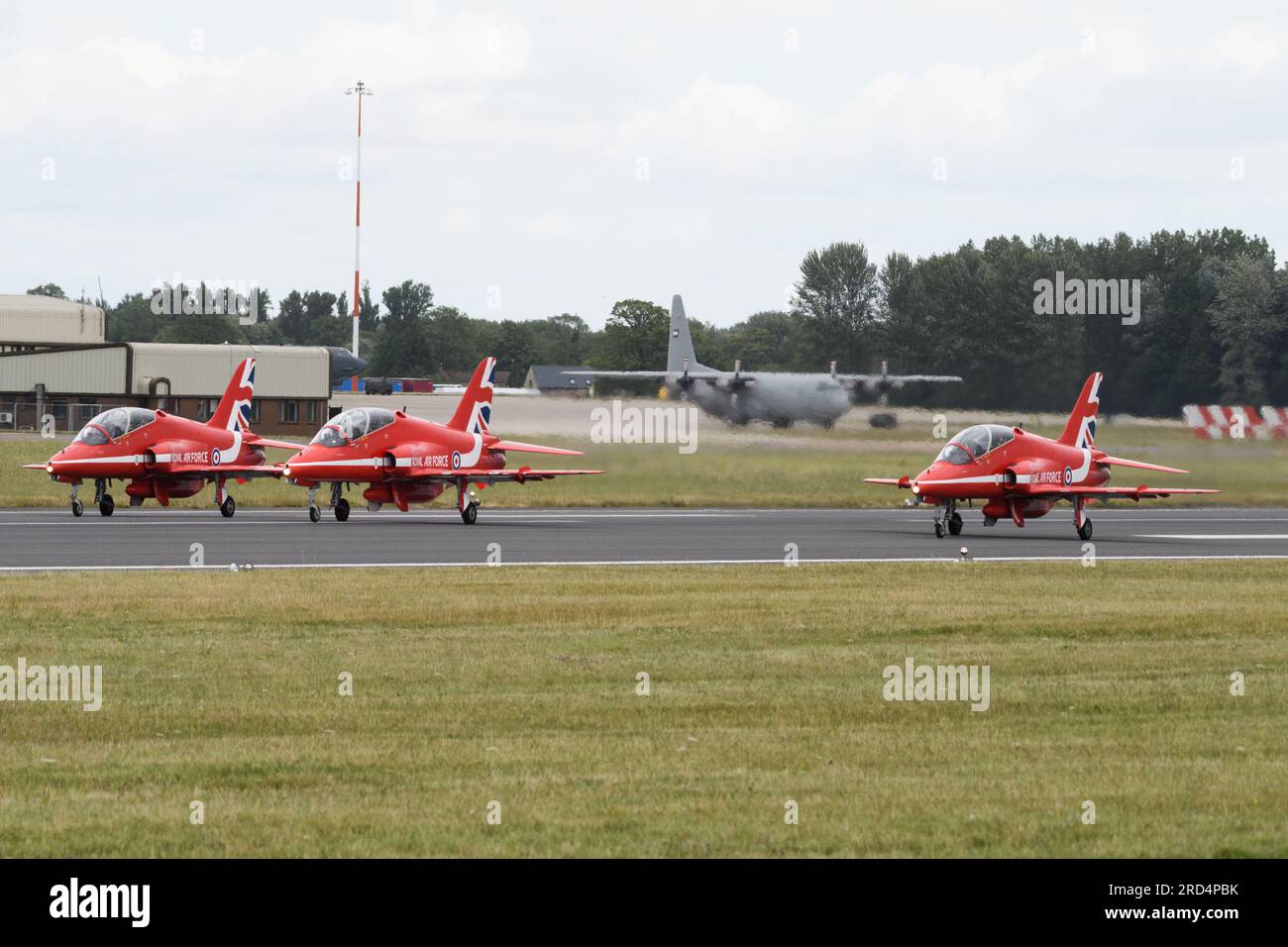 Royal International Air Tattoo, RAF Fairford, 16 July 2023.  The Red Arrows display for the crowds. Stock Photo