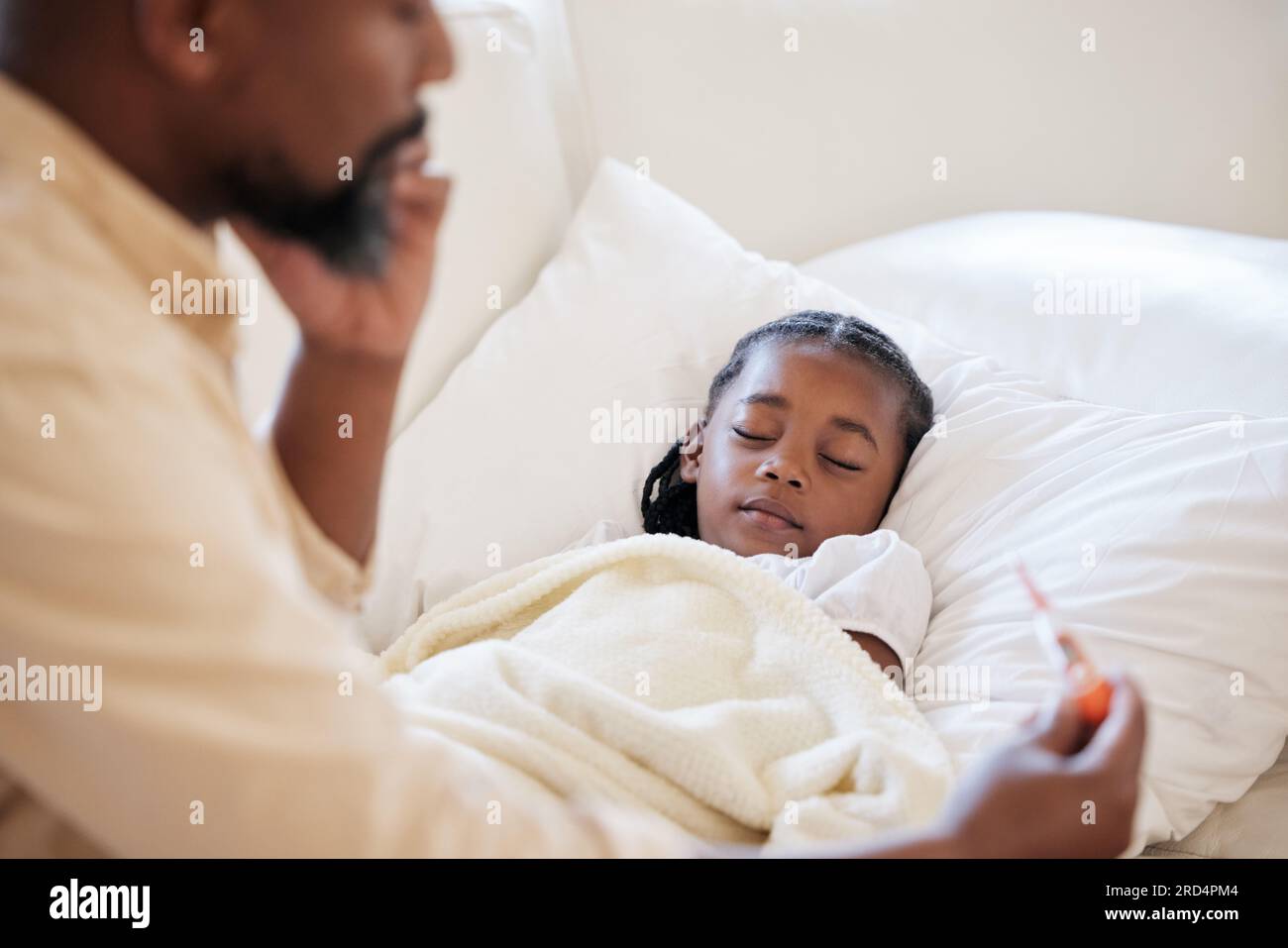 Thermometer, father and sick child in bed to sleep with a fever with paternity leave to check