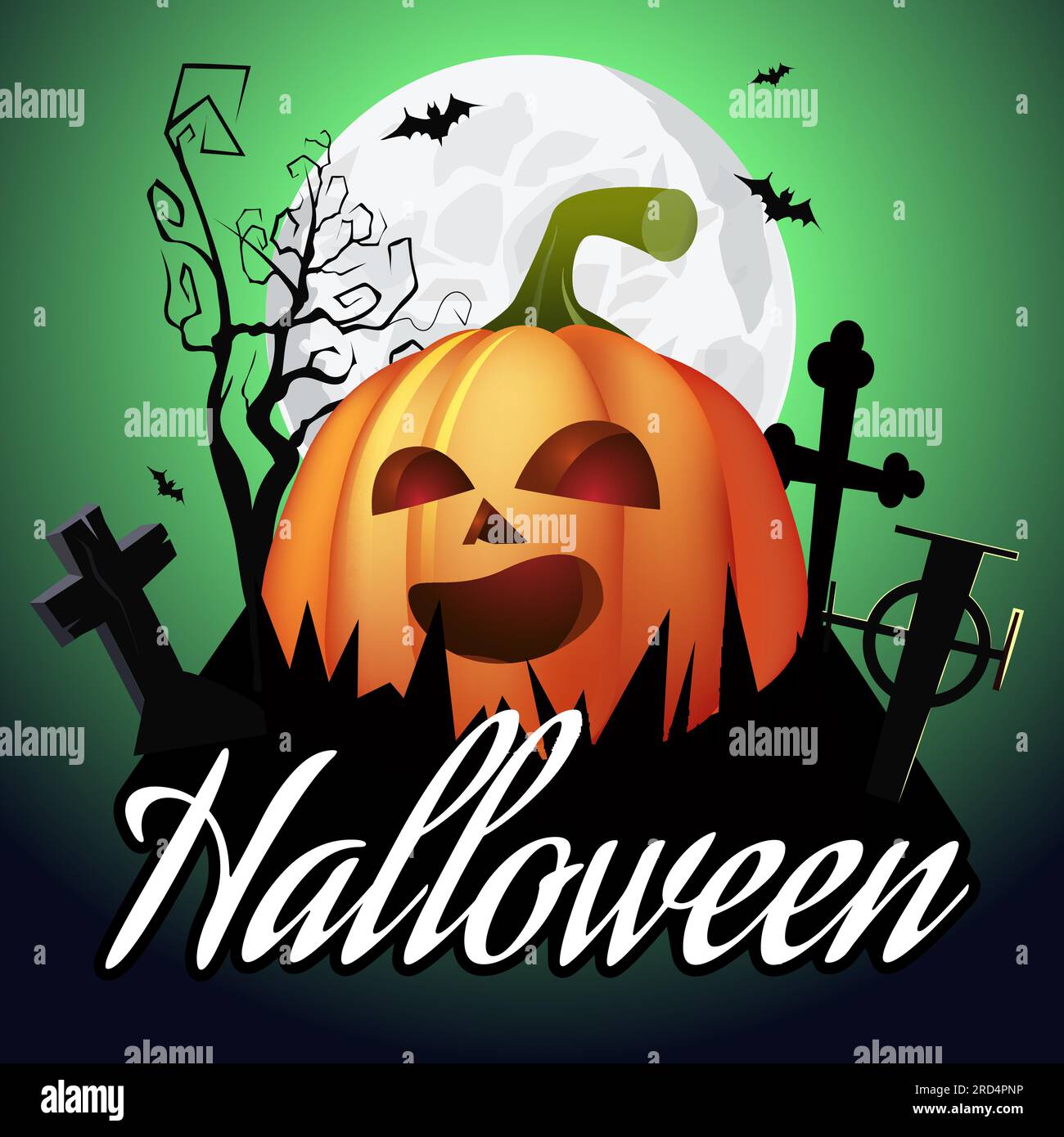 Halloween lettering. Jack o lantern on graveyard, tree and moon Stock ...
