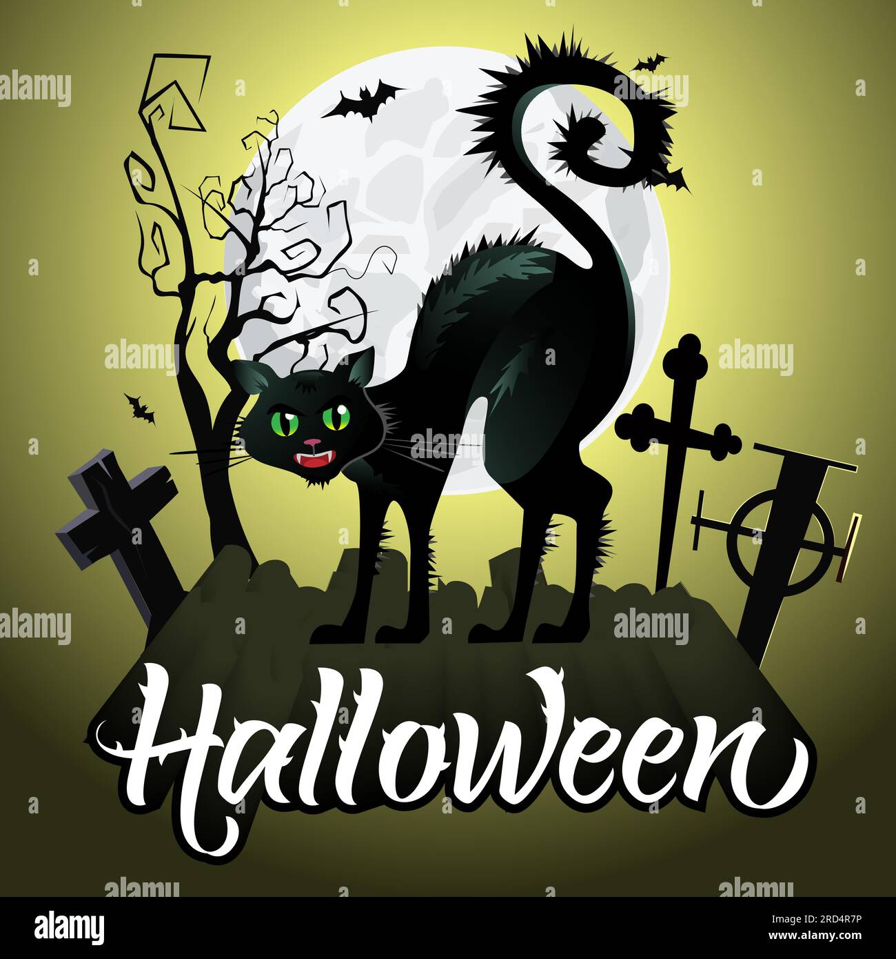 Halloween lettering. Hissing black cat on graveyard, bats, moon Stock Vector