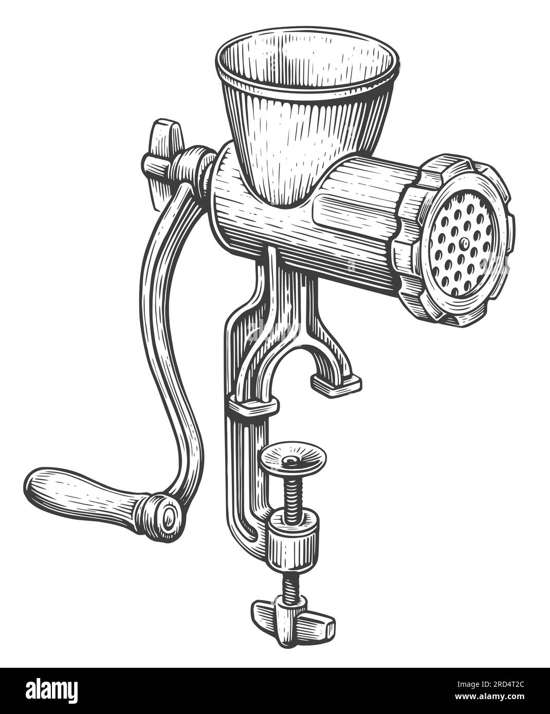 Retro kitchen grinder sketch illustration. Vintage manual meat mincer with handle Stock Photo