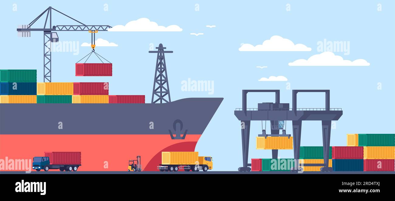 Unloading of sea containers onto trucks at port from cargo ship