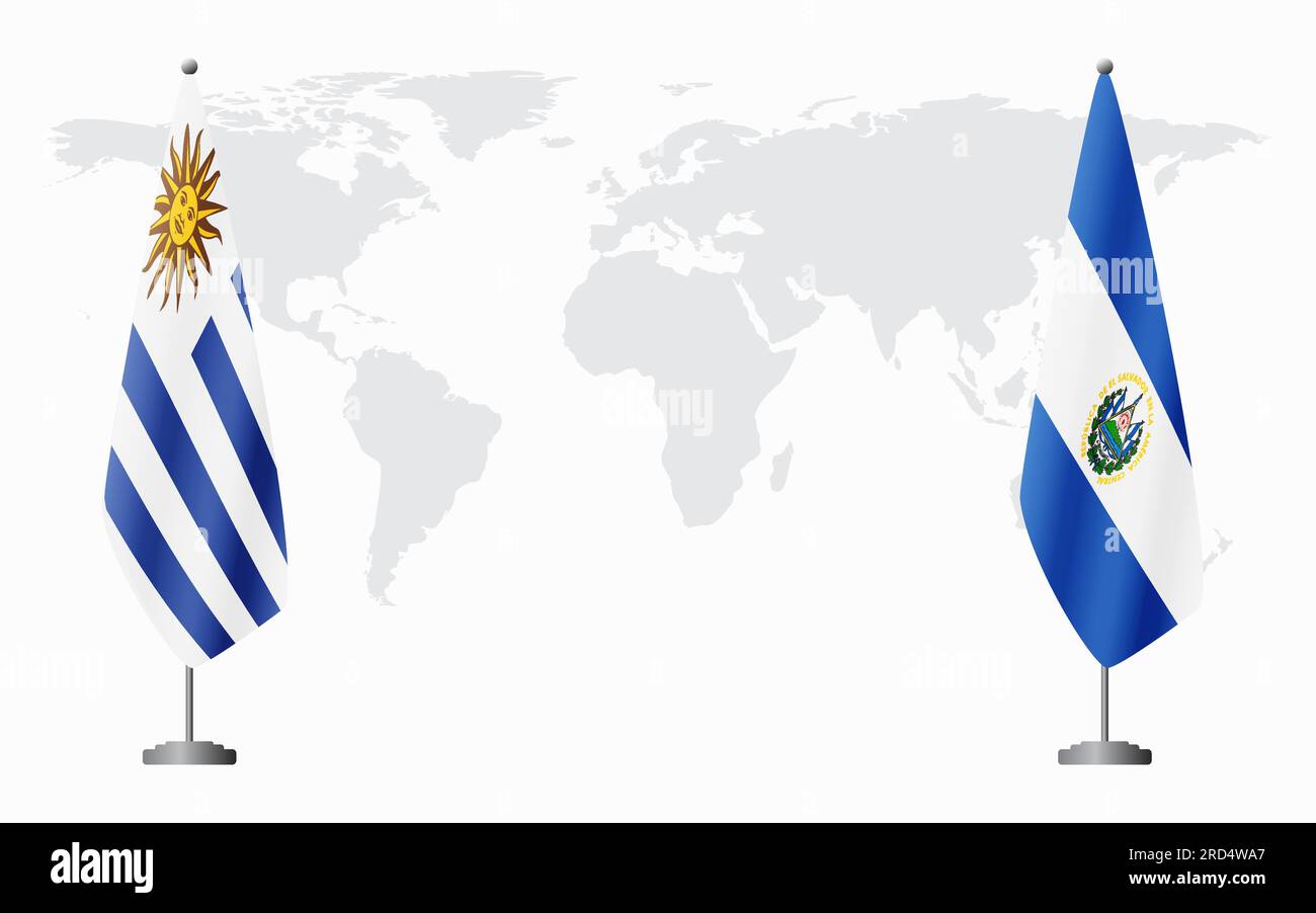 Uruguay and El Salvador flags for official meeting against background of world map. Stock Vector