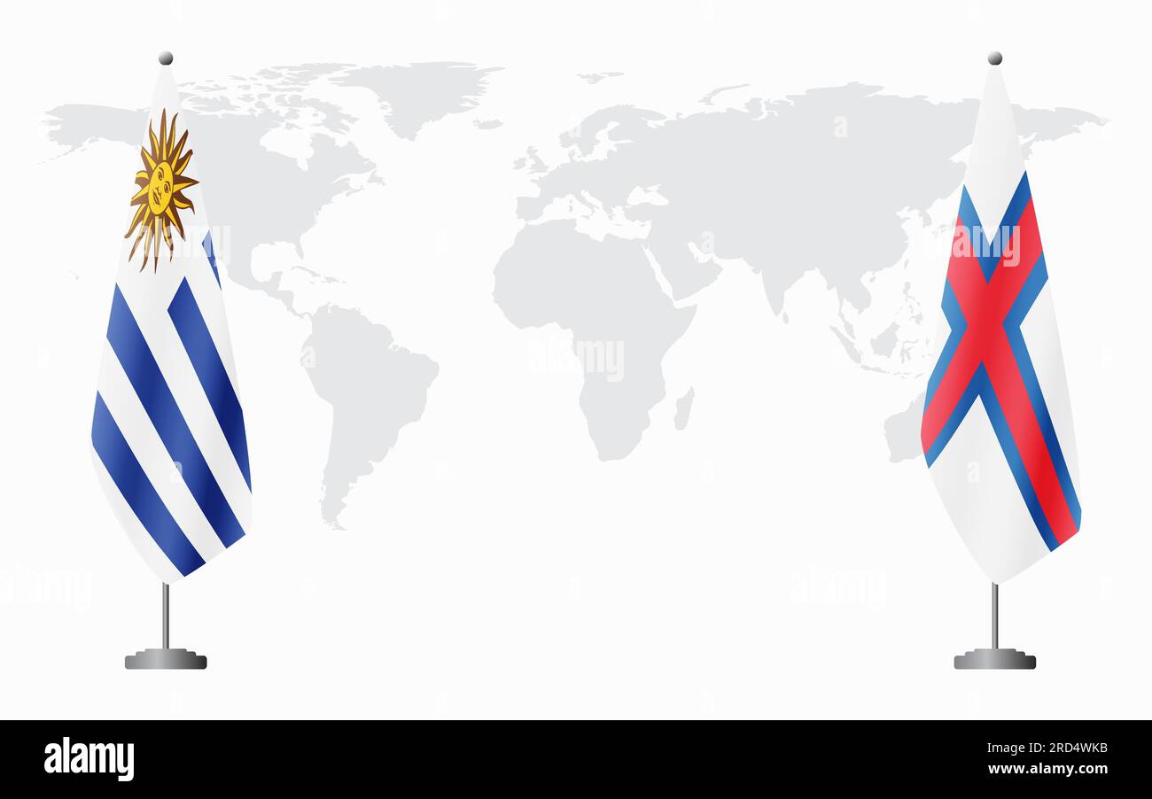 Uruguay and Faroe Islands flags for official meeting against background of world map. Stock Vector