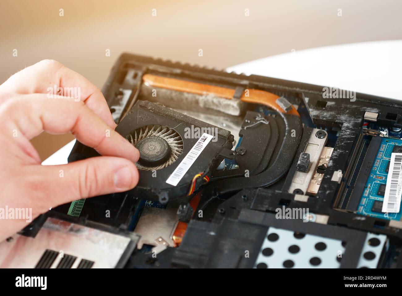 Fixing laptop. Repairman holds cooling fan and repairs from overheating