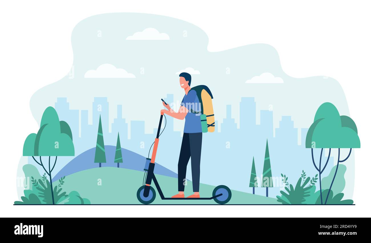 Happy smiling man riding kick scooter on sidewalk Stock Vector Image