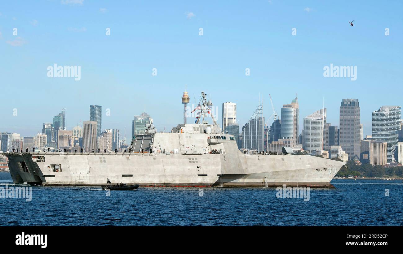 Sydney, Australia. 18th July, 2023. The U.S. Navy Independence-variant littoral combat ship USS Canberra arrives in Sydney Harbor for a commissioning ceremony, July 18, 2023 in Sydney, Australia. The USS Canberra, namesake ship of the capitol of Australia, arrive ahead of the formal commissioning on July 22. Credit: EJ Hersom/Planetpix/Alamy Live News Credit: EJ Hersom/Planetpix/Alamy Live News Credit: Planetpix/Alamy Live News Stock Photo