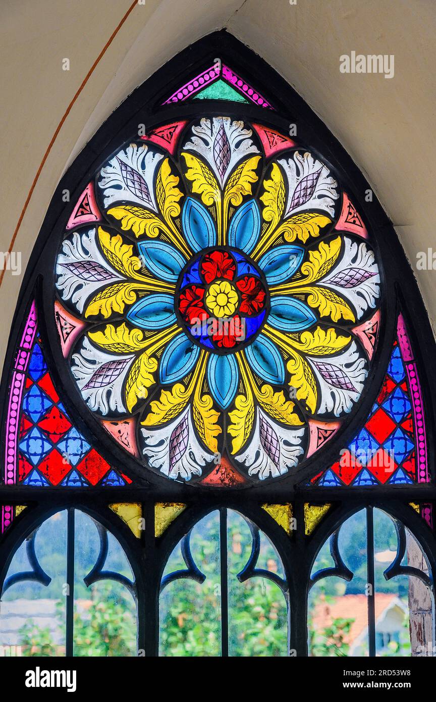 Colourful pointed arch window, St. Bartholomew's Parish Church, Hopferbach, Allgaeu, Bavaria, Germany Stock Photo
