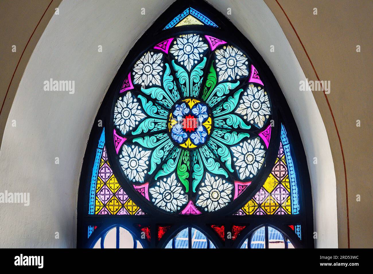 Colourful pointed arch window, St. Bartholomew's Parish Church, Hopferbach, Allgaeu, Bavaria, Germany Stock Photo