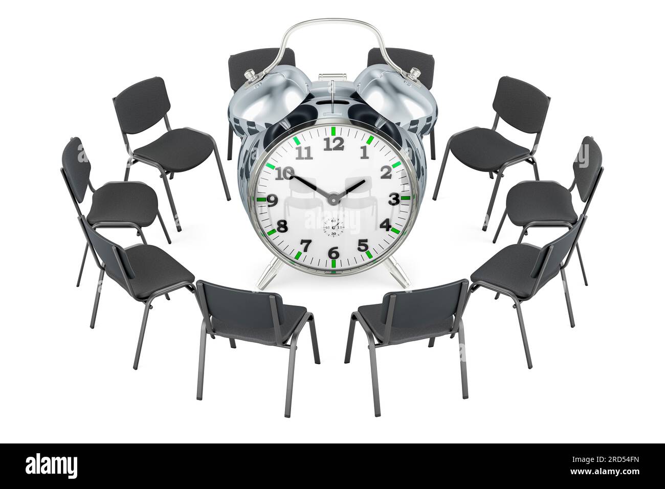 Time meeting concept. Chairs in a circle with alarm clock, 3D rendering