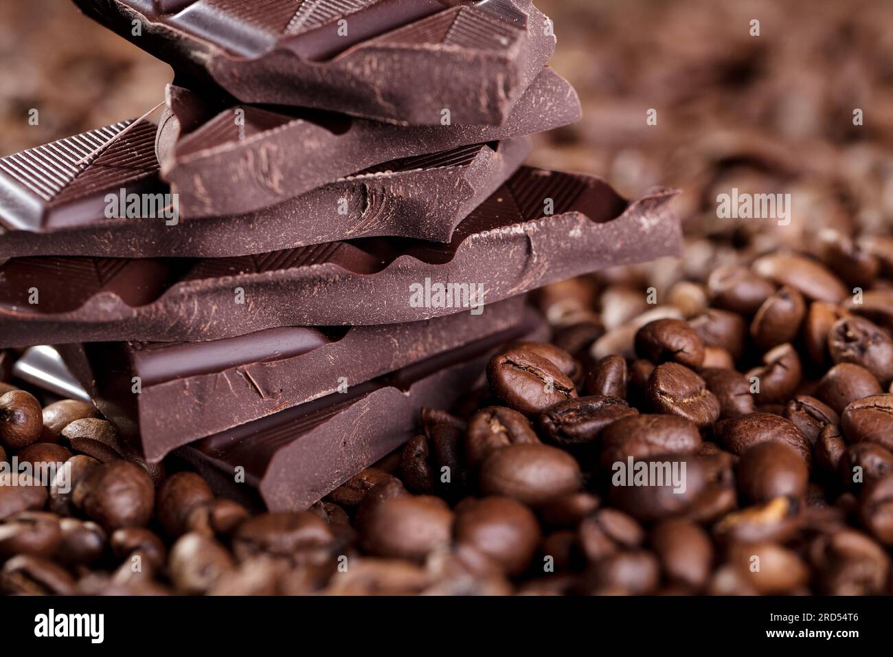 Dark chocolate bar and roasted coffee beans Stock Photo