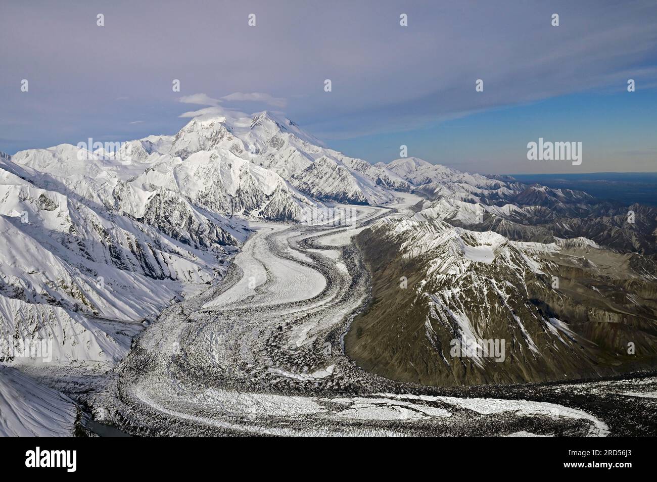 Aerial view of the Alaska Mountain Range with a view of Denali with