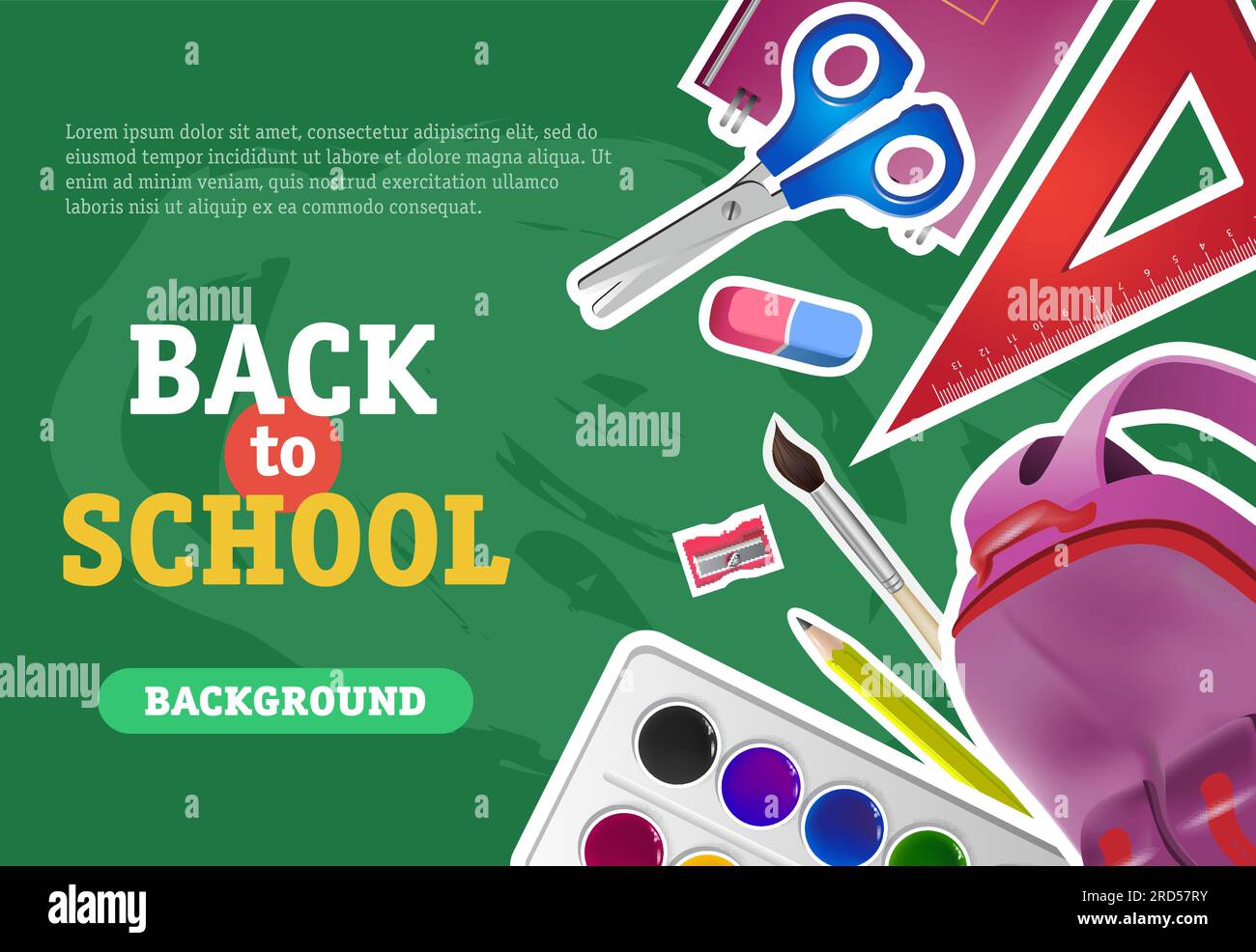 Back to school, background lettering with backpack, scissors Stock Vector