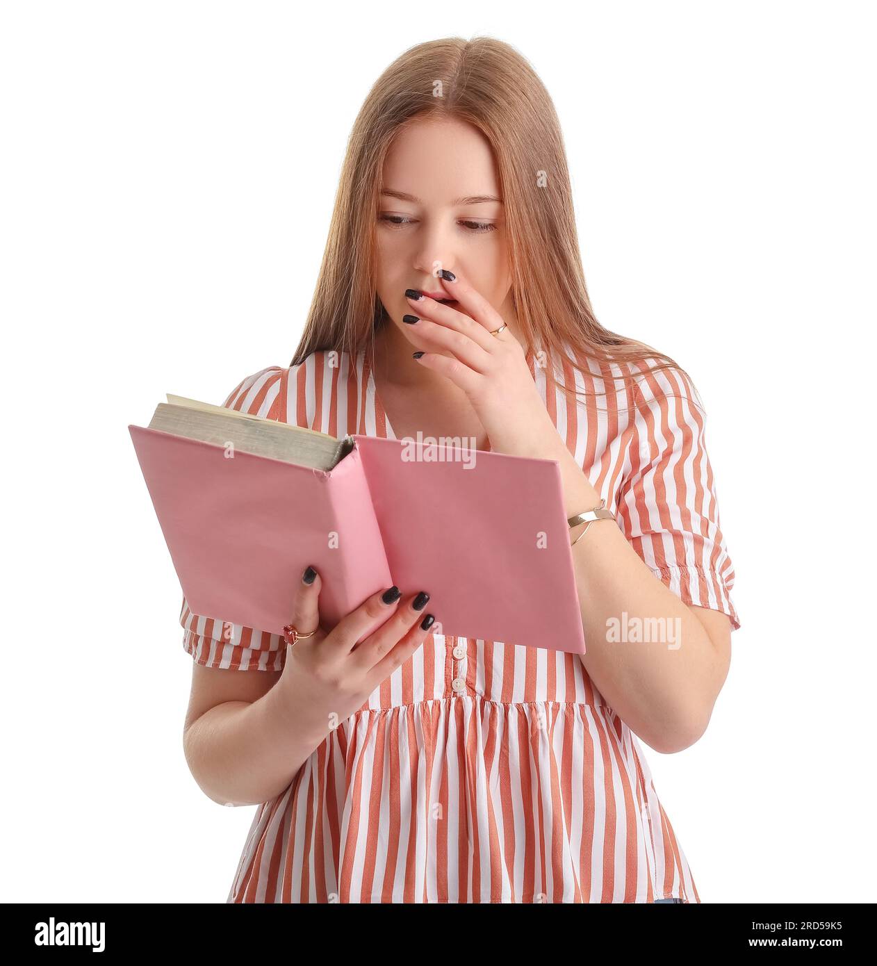 Teenage girl reading book on white background Stock Photo - Alamy