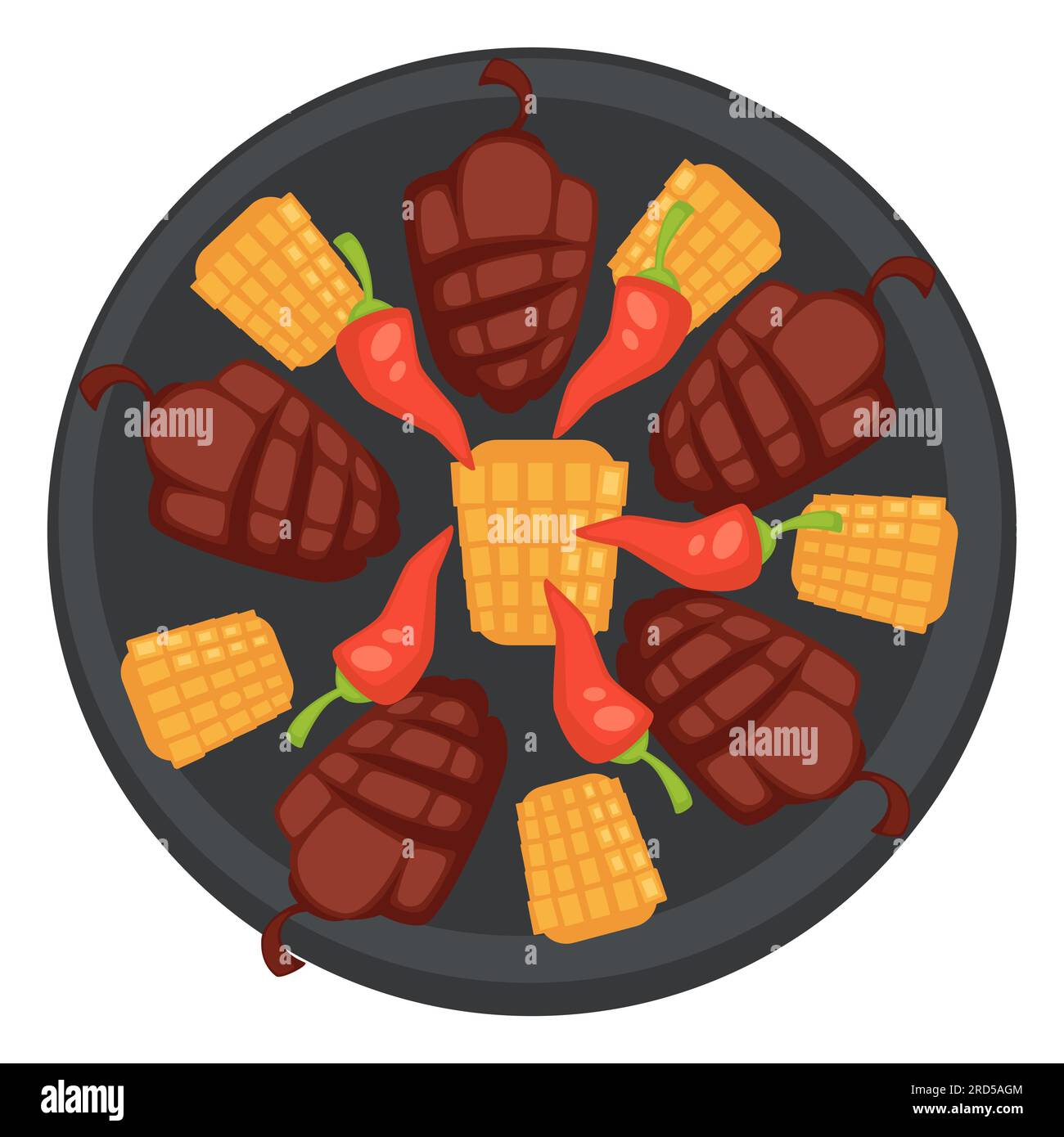 Grilled vegetables on plate, corn and bell pepper Stock Vector