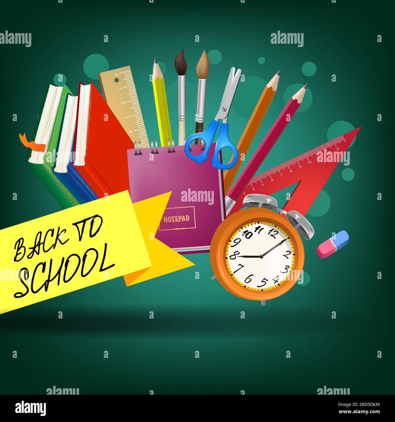 Back to school lettering on yellow ribbon with alarm clock Stock Vector ...