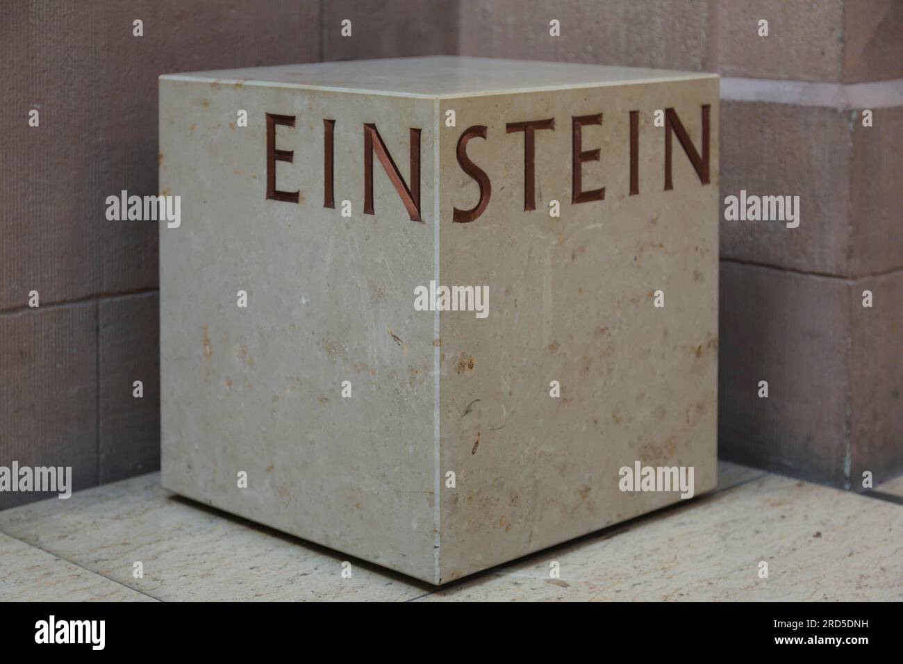 Einstein stone cube in Ulm town hall, writing, letters, wordplay, Ulm, Baden-Wuerttemberg, Germany Stock Photo