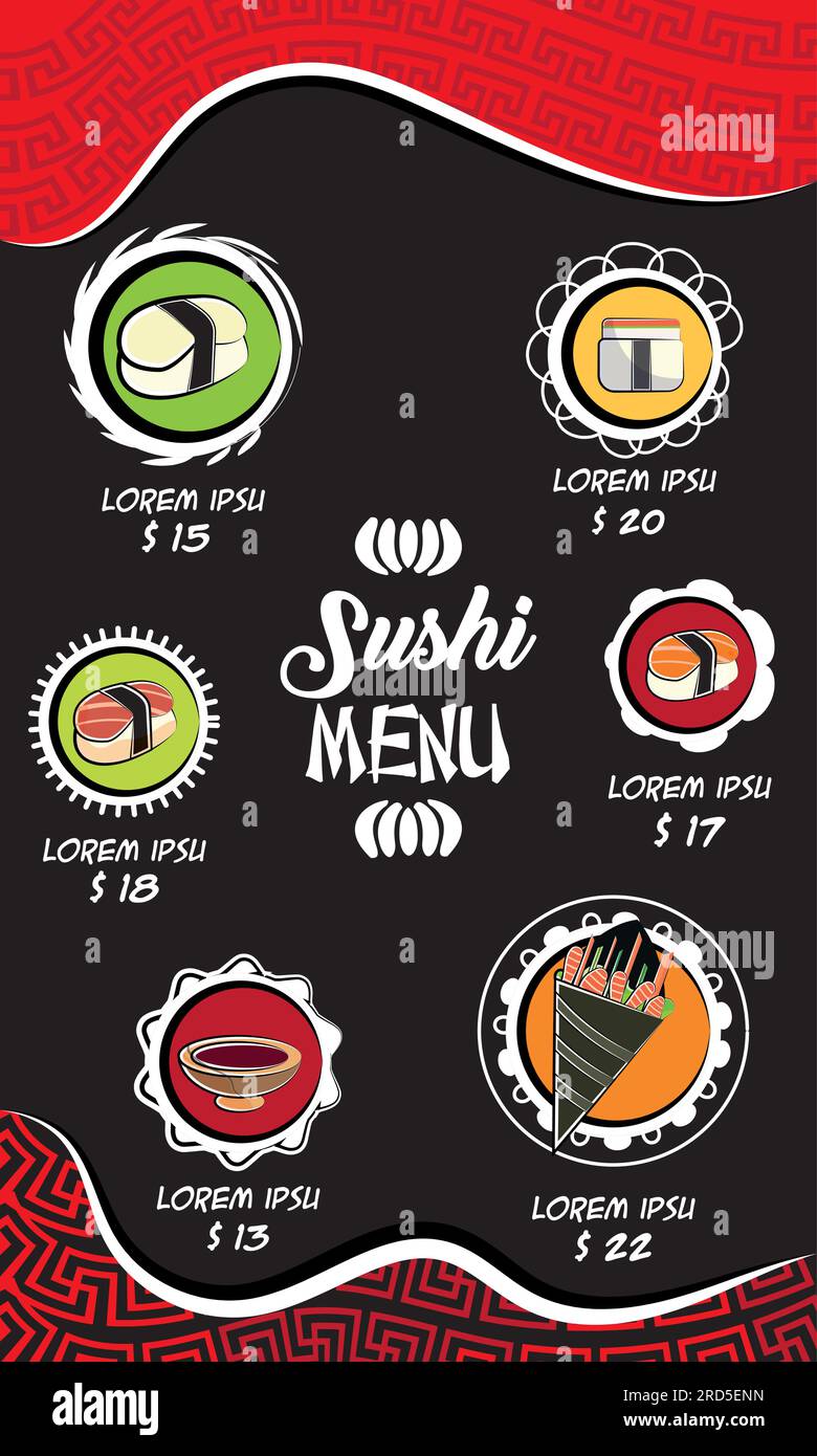 Colored front page of an oriental menu with sushi items Vector Stock ...