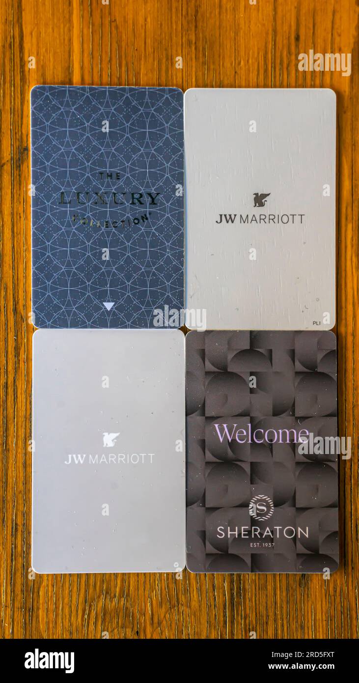 Marriott owned hotels room key cards - JW Marriott, Sheraton, Luxury collection Stock Photo