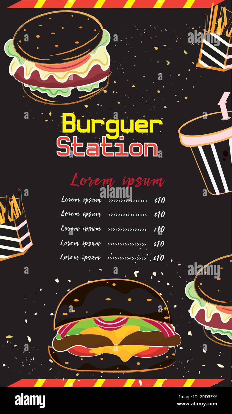Colored fast food menu with different burger items Vector Stock Vector ...