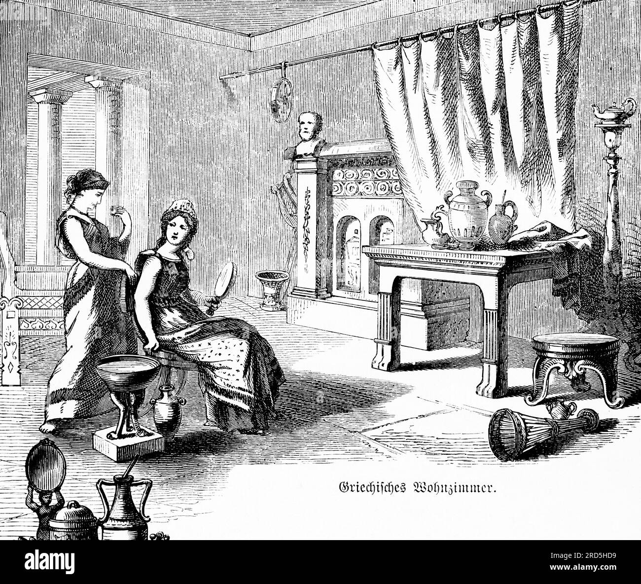 Ancient Greek living room, important woman of the past, history, historical illustration 1894 Stock Photo