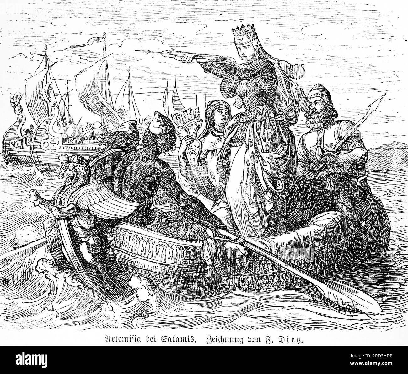 Queen Artemisia in the naval battle of Salamis, ancient Greece, heroine, Persians, Greeks, warships, sailing ships, sea, boat, crossbow, shooting Stock Photo