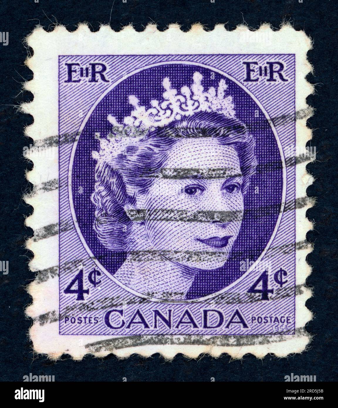 Queen Elizabeth II. Postage stamp issued in Canada in 1950s. Stock Photo