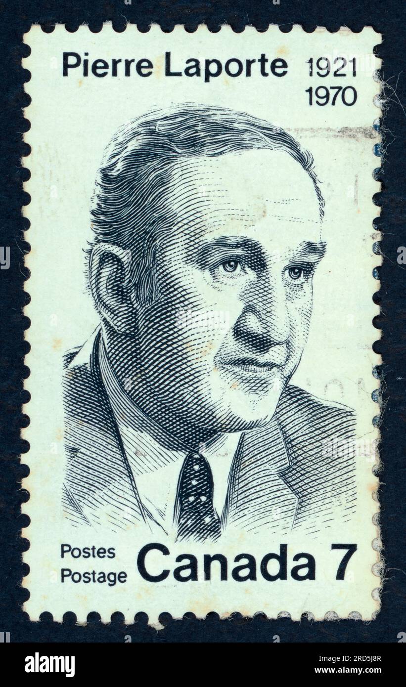 Pierre Laporte, (1921 – 1970). Postage stamp issued in Canada in 1971 on the 50th anniversary of his birth. Stock Photo