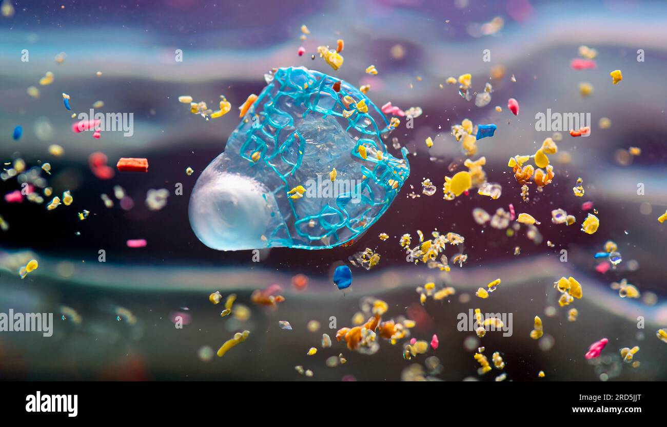 microplastic particles float in the ocean, water pollution Stock Photo