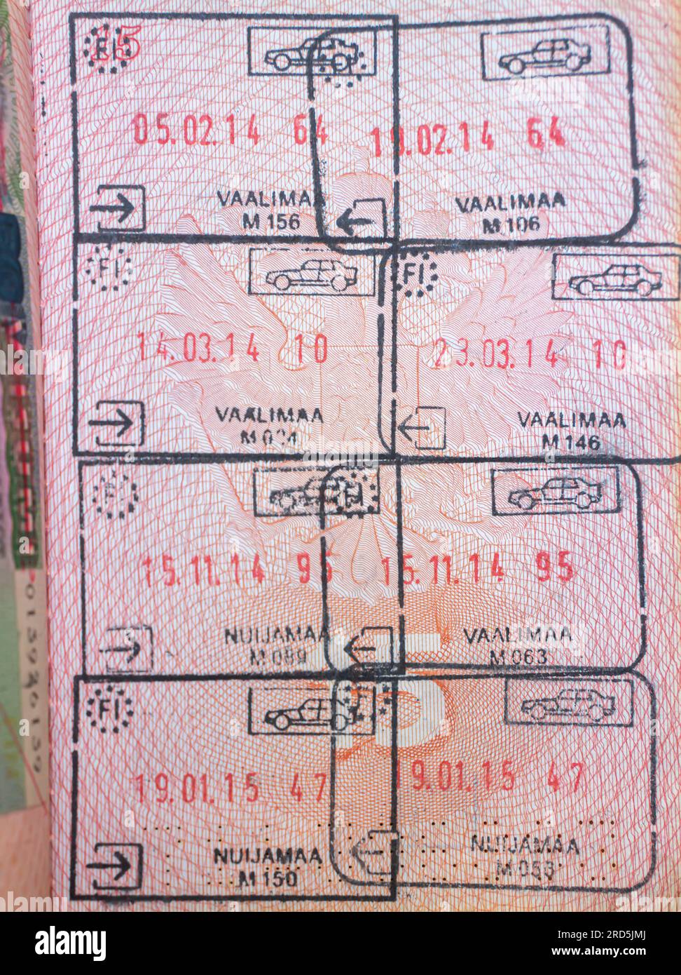 Border crossing stamps with names of the Finnish border points in an
