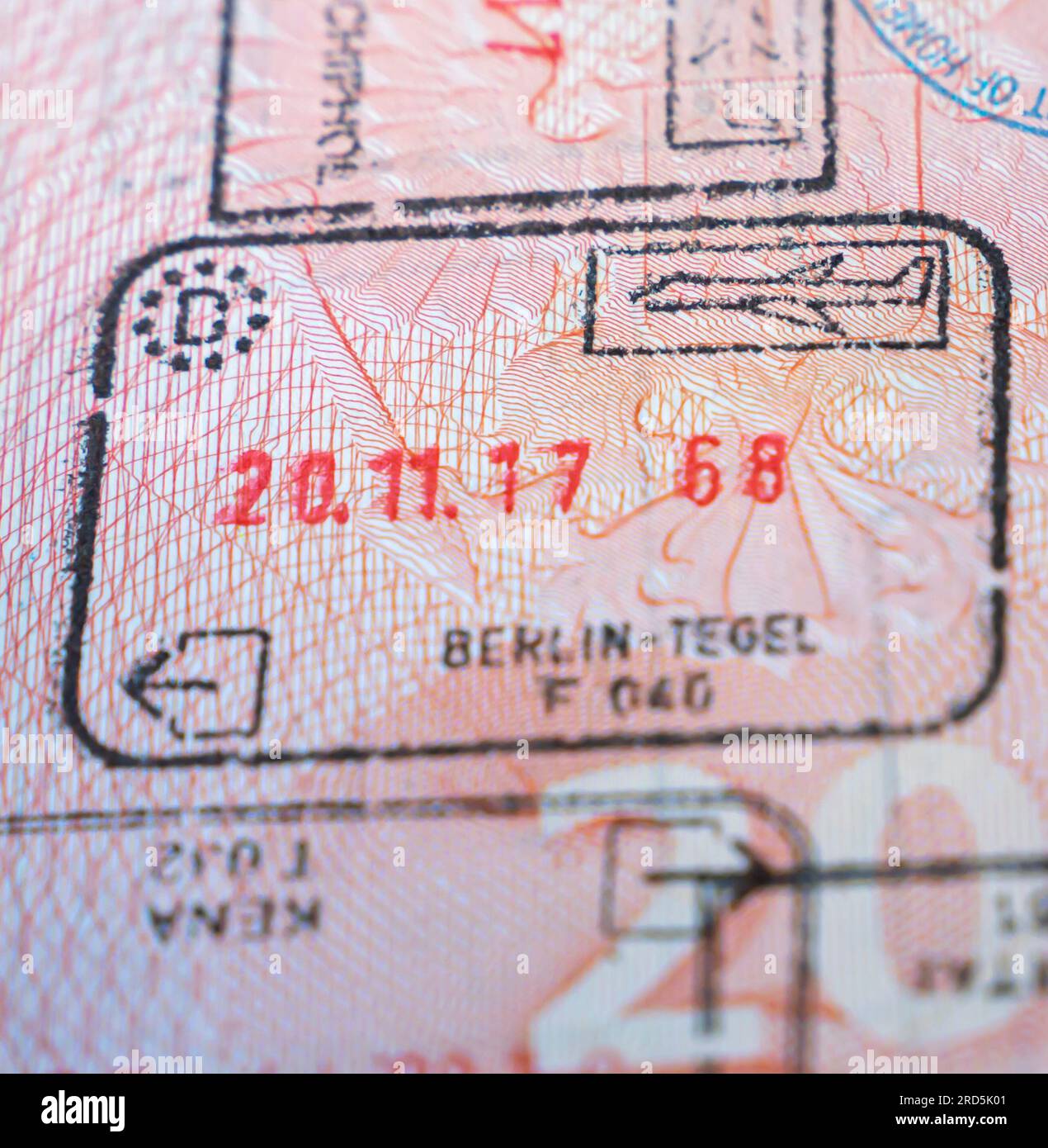 Germany Berlin  border crossing stamp in an open passport. Berlin Tegel Airport exit passport stamp 2017 Stock Photo