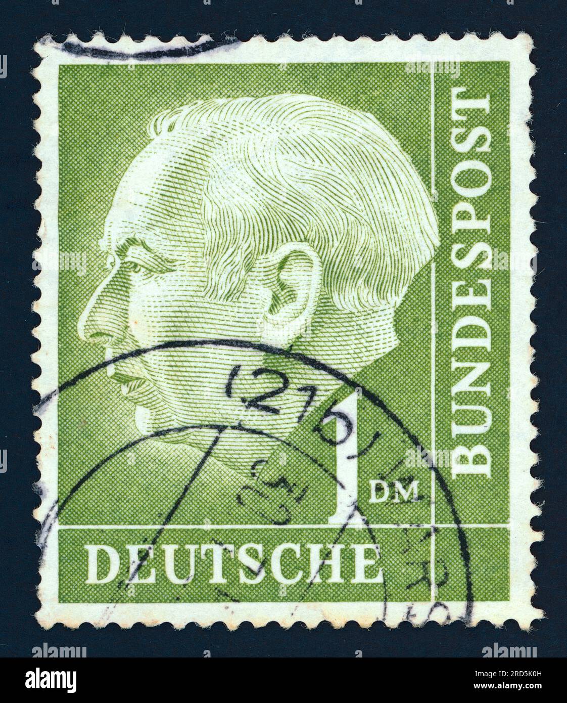 Theodor Heuss, the first president of West Germany from 1949 to 1959. Postage stamp issued in Federal Republic of Germany (West Germany) in 1954. Stock Photo