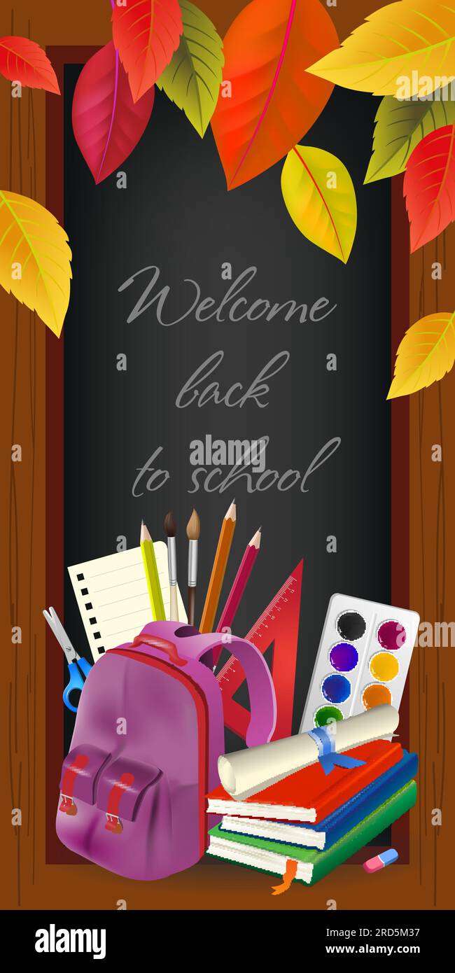 Welcome back to school lettering in wooden frame, leaves Stock Vector ...