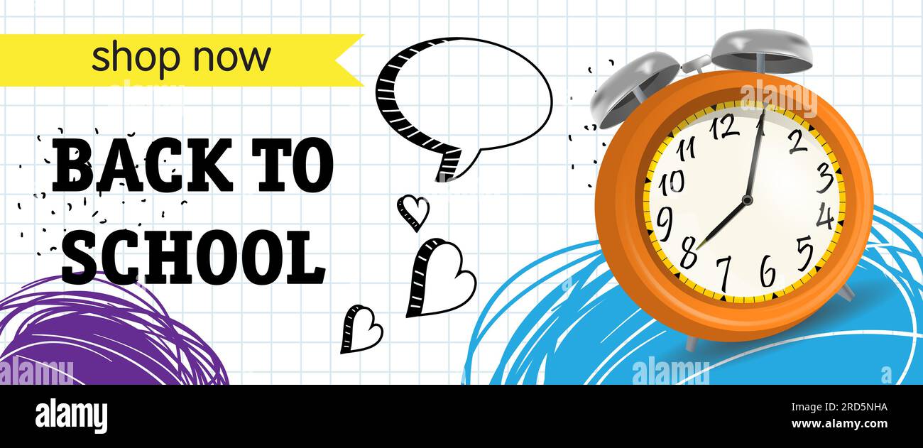 Back to school, shop now lettering with alarm clock Stock Vector Image ...