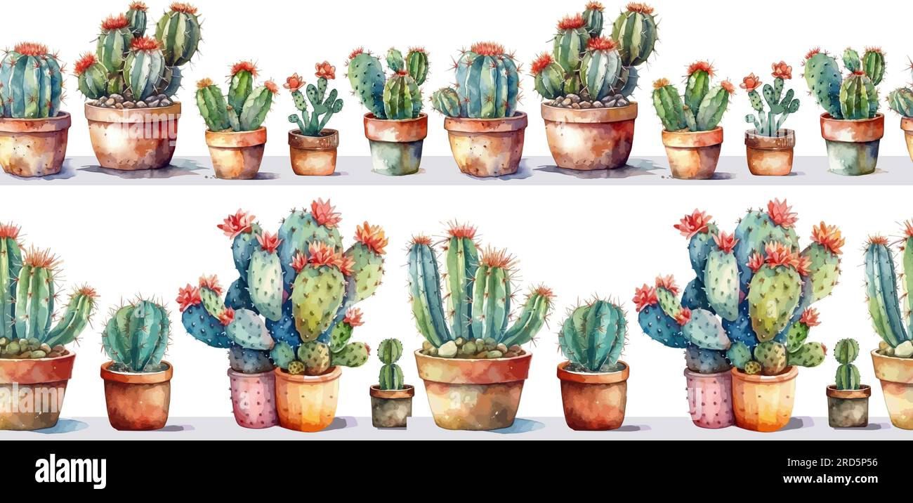 Beautiful watercolor cactus in flower pots seamless pattern. Vector ...