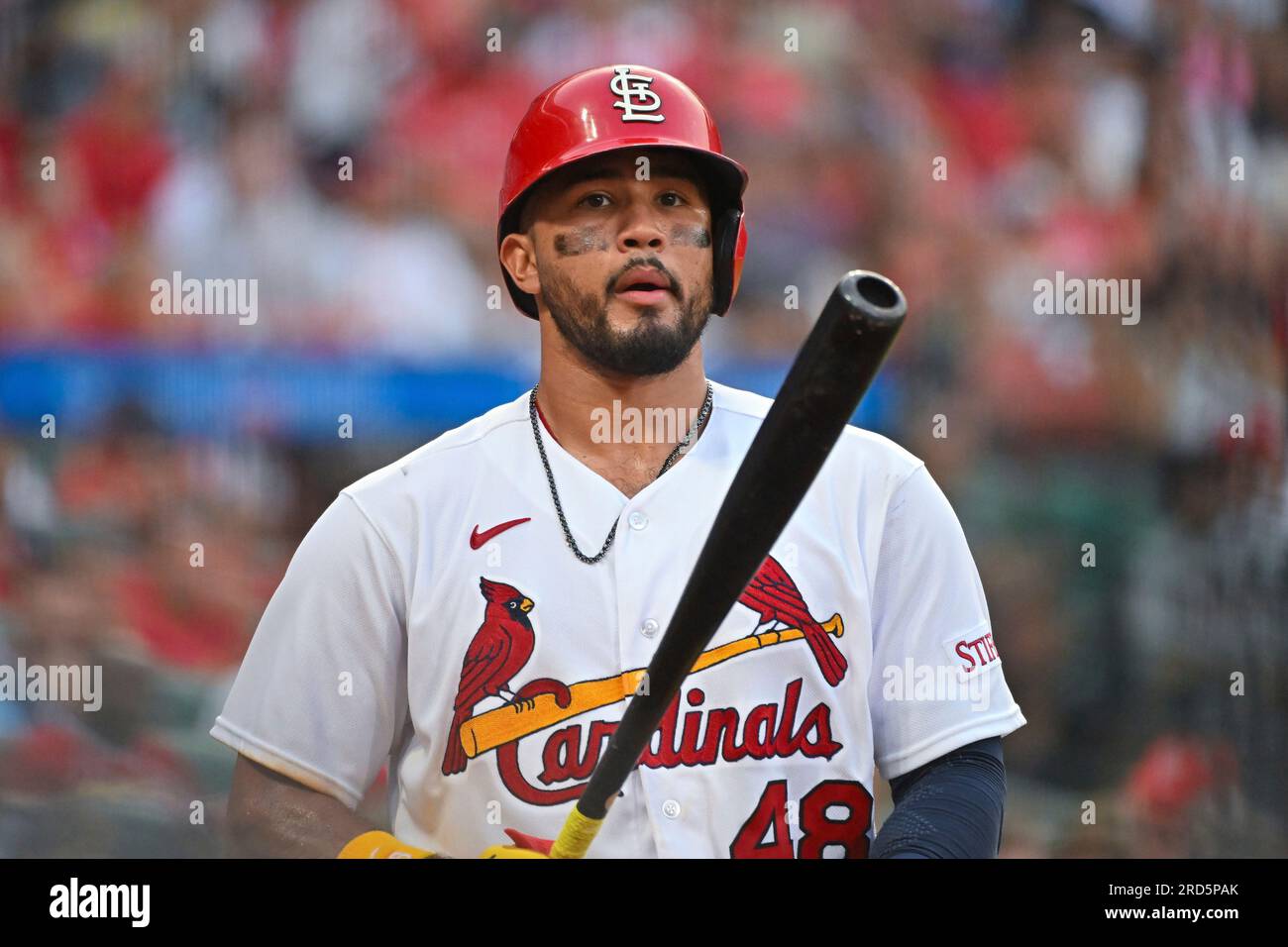 St. Louis, USA. 17th July, 2023. St. Louis Cardinals catcher Ivan Herrera  (48) looks on during a MLB regular season game between the Miami Marlins  and St. Louis Cardinals, Monday, July 17