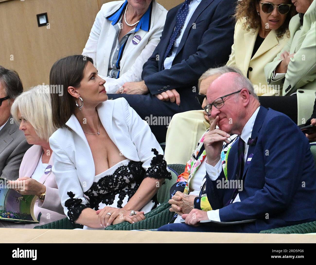 London, Gbr. 14th July, 2023. London Wimbledon Championships Day 13 15/07/2023 Ms Martina Naratilova's guest Ms Julia Lemigova and AELTC Chairman Ian Hewitt. Complaints were raised about her low cut dress being 'inappropriate in the Royal Box Credit: Roger Parker/Alamy Live News Stock Photo