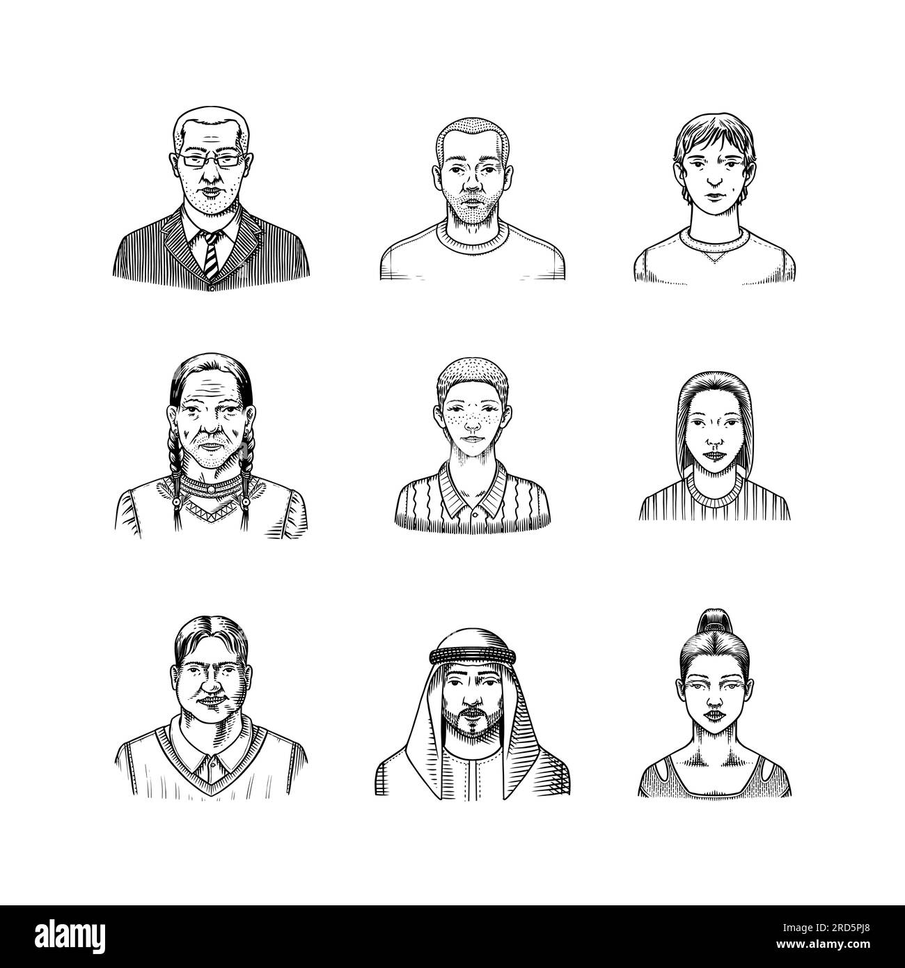 Human Avatars Collection. Diverse faces of people. Characters set. Happy emotions. Portrait for social media, website. Men and women, grandparents and Stock Vector