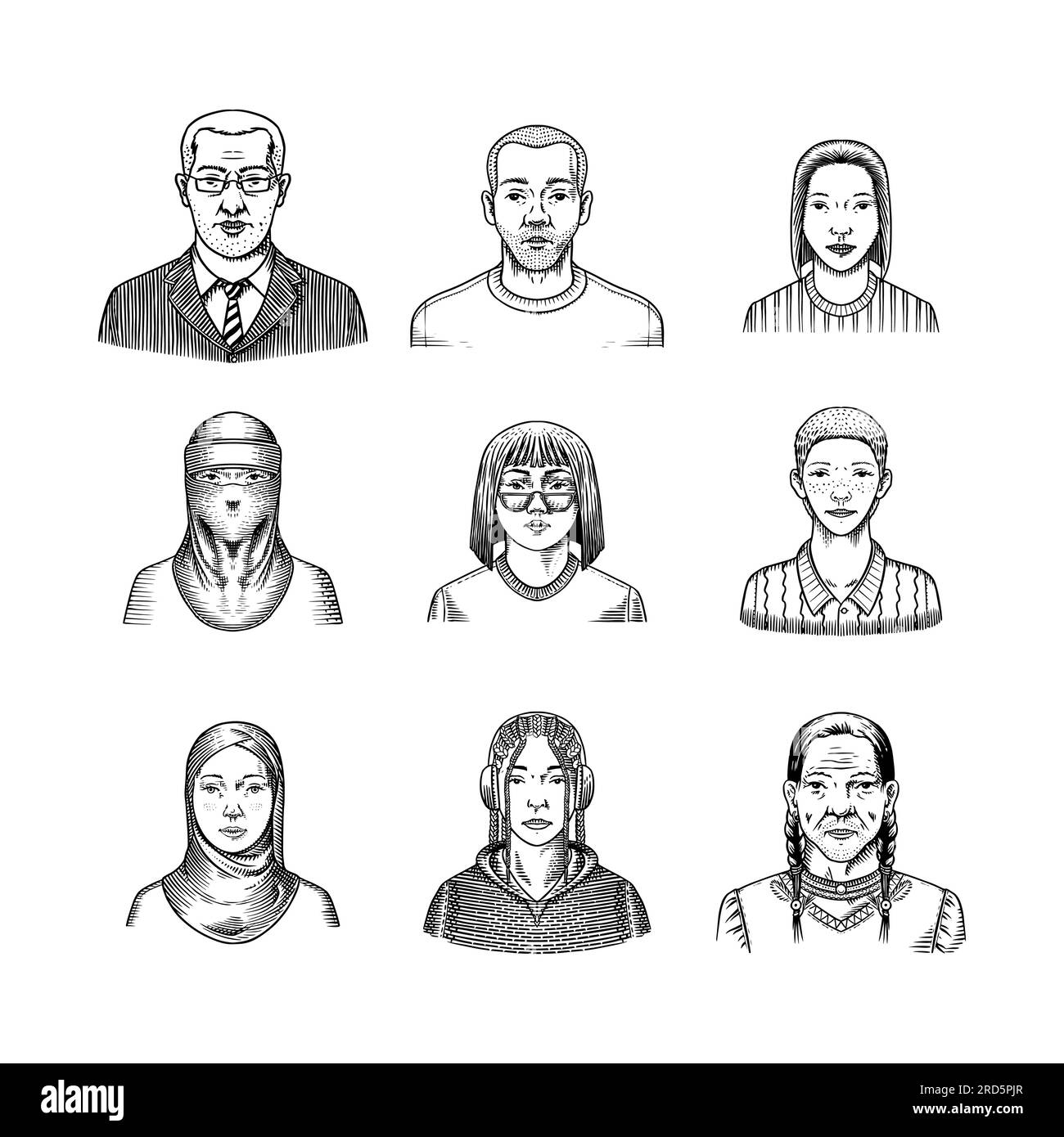 Human Avatars Collection. Diverse faces of people. Characters set. Happy emotions. Portrait for social media, website. Men and women, grandparents and Stock Vector