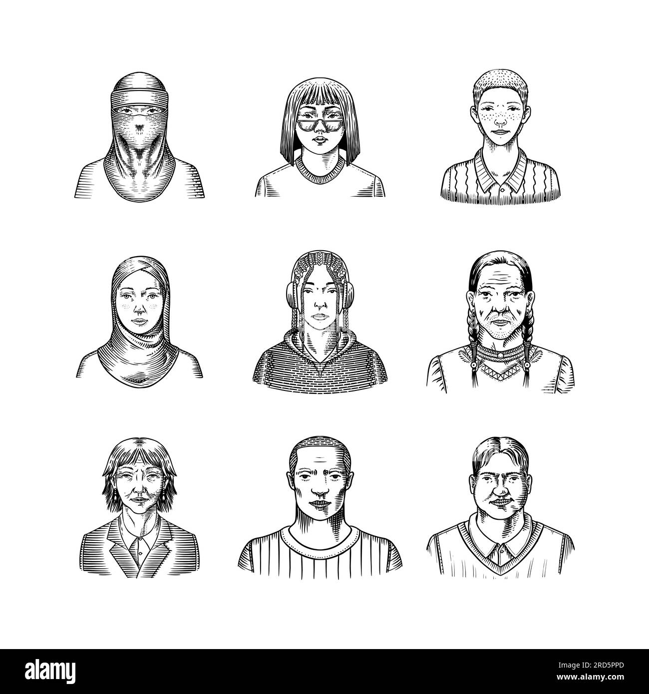 Human Avatars Collection. Diverse faces of people. Characters set. Happy emotions. Portrait for social media, website. Men and women, grandparents and Stock Vector