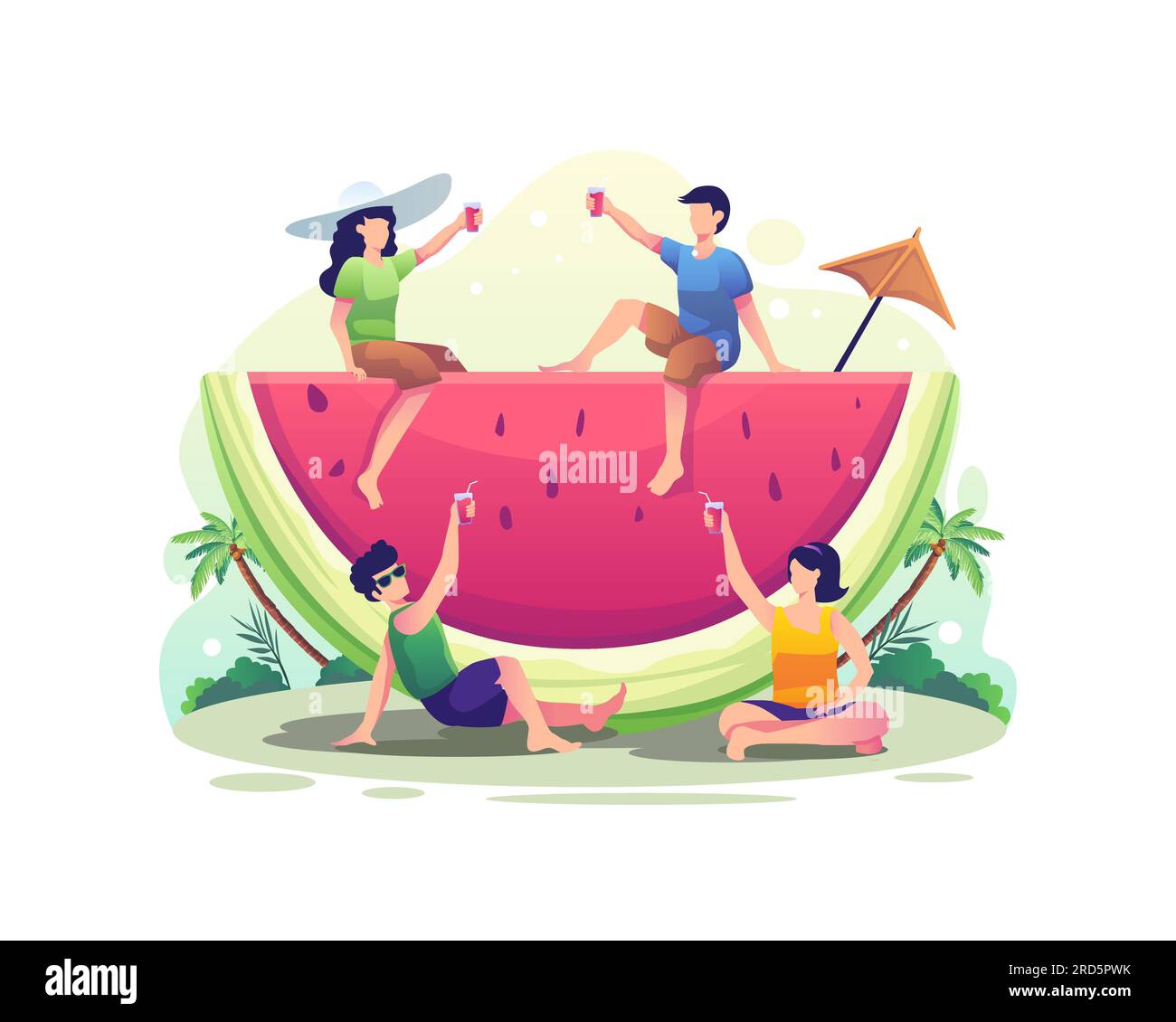 People relaxing while drinking watermelon juice in summer. Flat vector