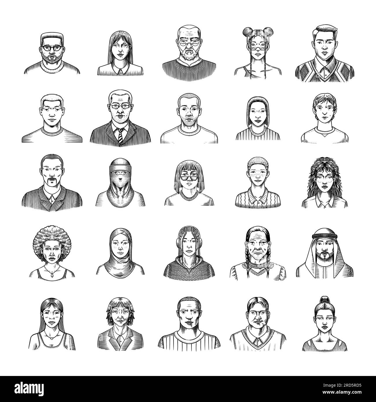 Human Avatars Collection. Diverse faces of people. Characters set. Happy emotions. Portrait for social media, website. Men and women, grandparents and Stock Vector