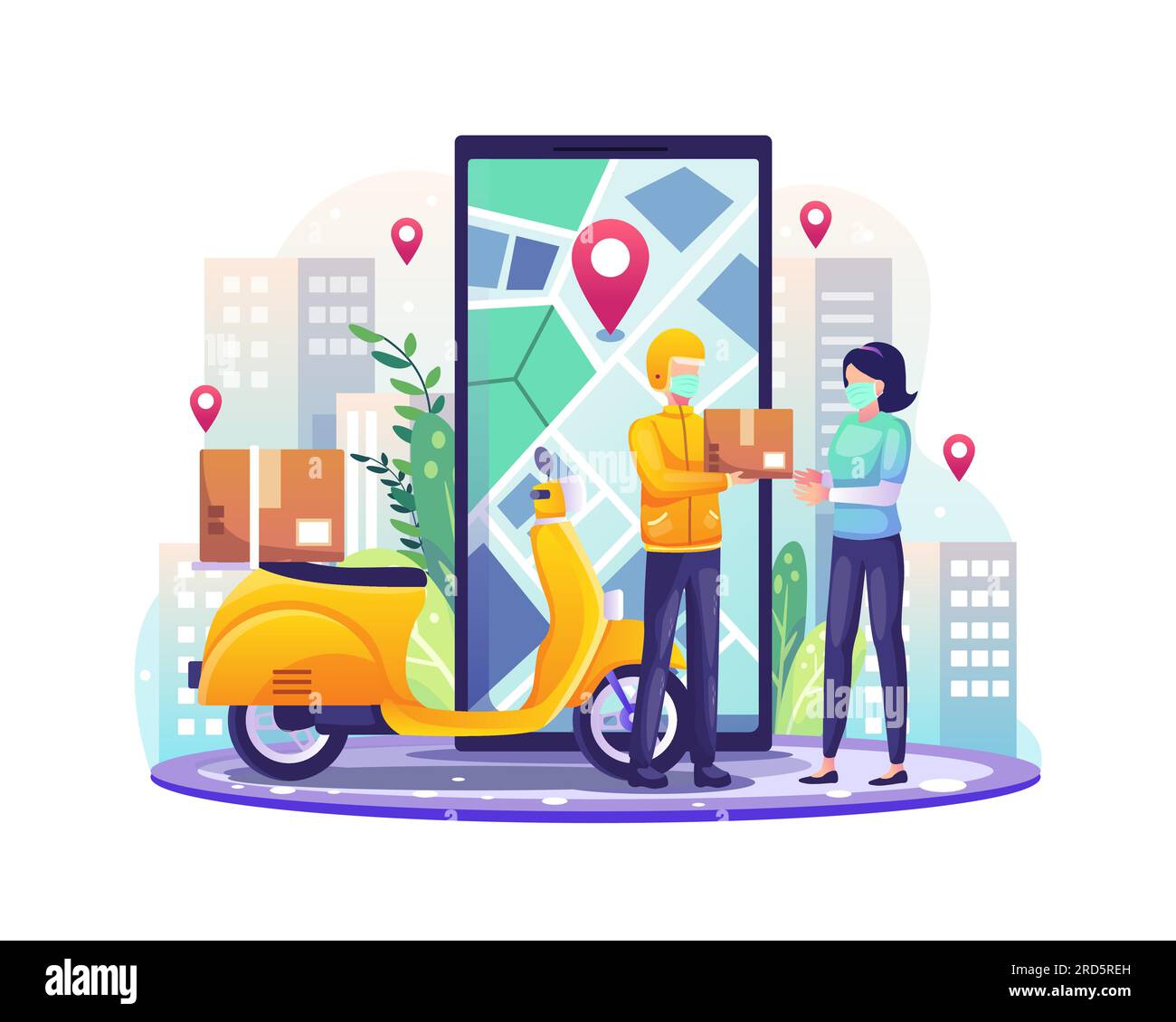 Online delivery services concept with delivery man courier and scooter