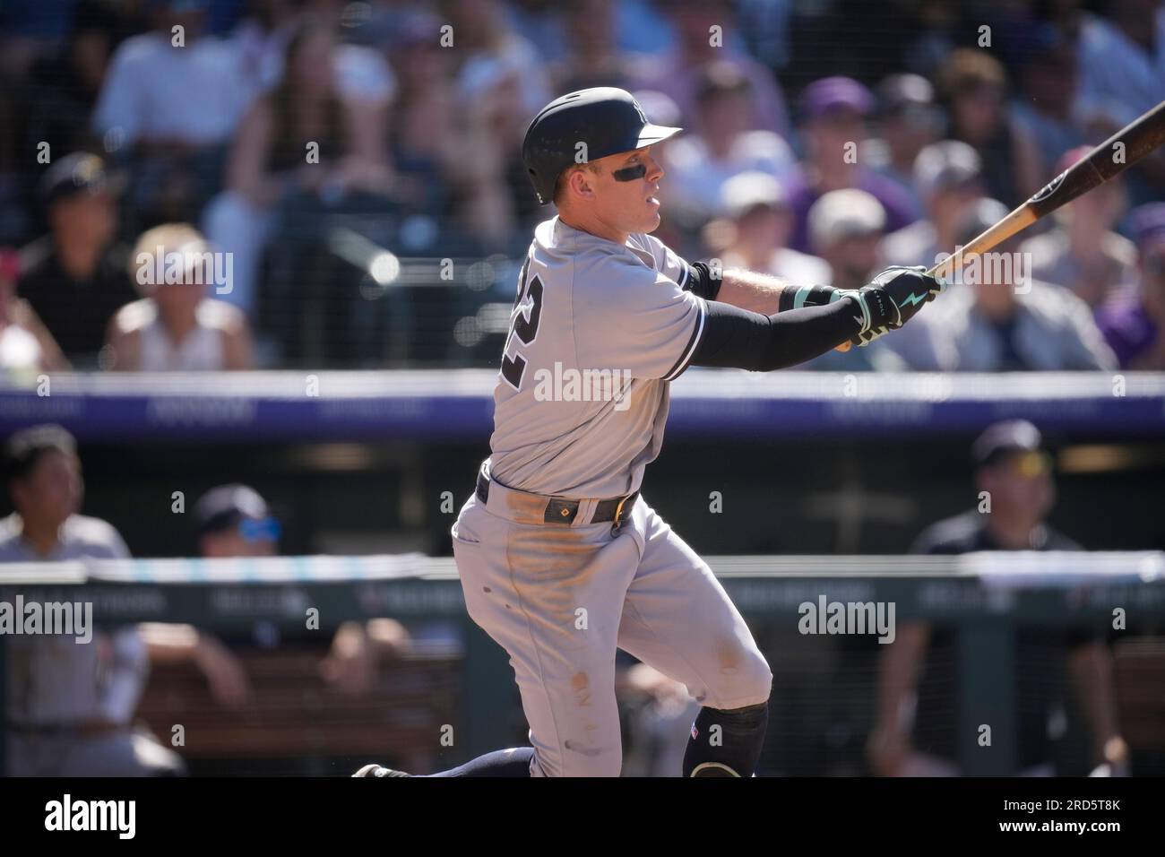 New York Yankees center fielder Harrison Bader (22) in the first inning of  a baseball game Friday, July 14, 2023, in Denver.(AP Photo/David Zalubowski  Stock Photo - Alamy