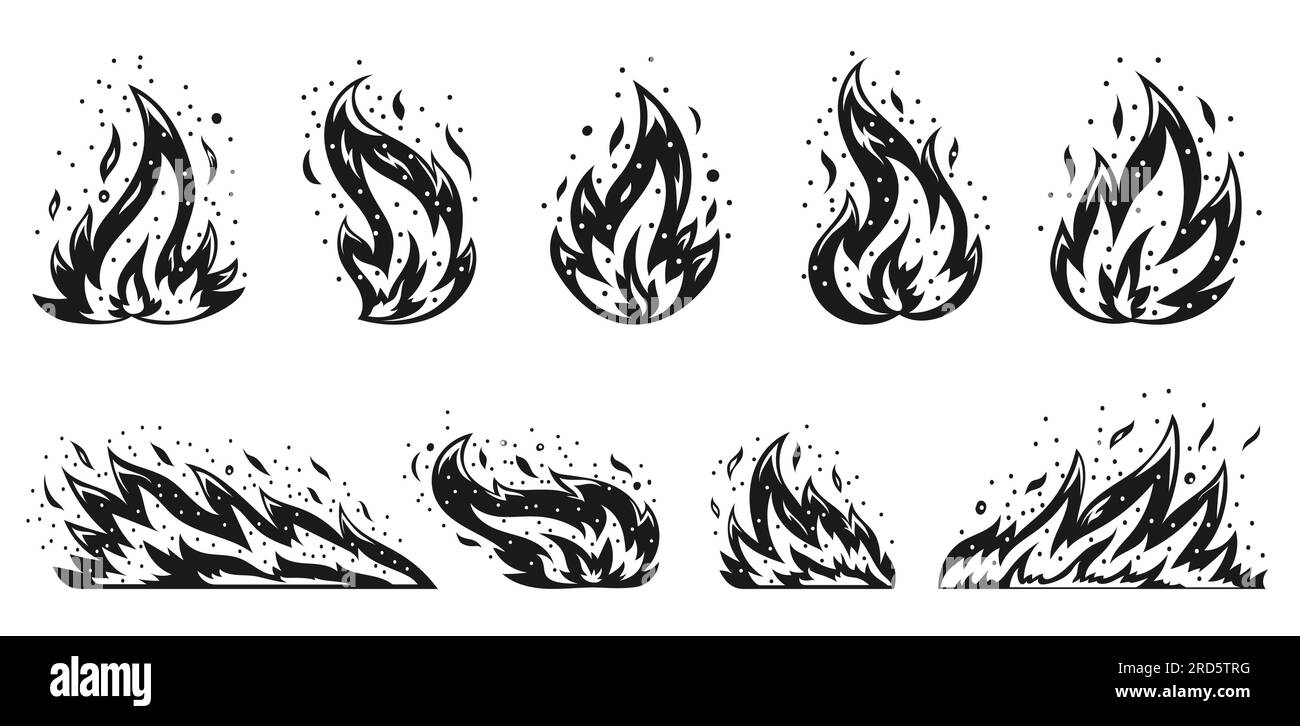 Cartoon fire set. Sparkling igniting flame. Hot temperature blazing dangerous fires. Flaming ignition, flammable blaze heat explosion danger natural gas flames energy flat black symbol, stencil stamp Stock Vector